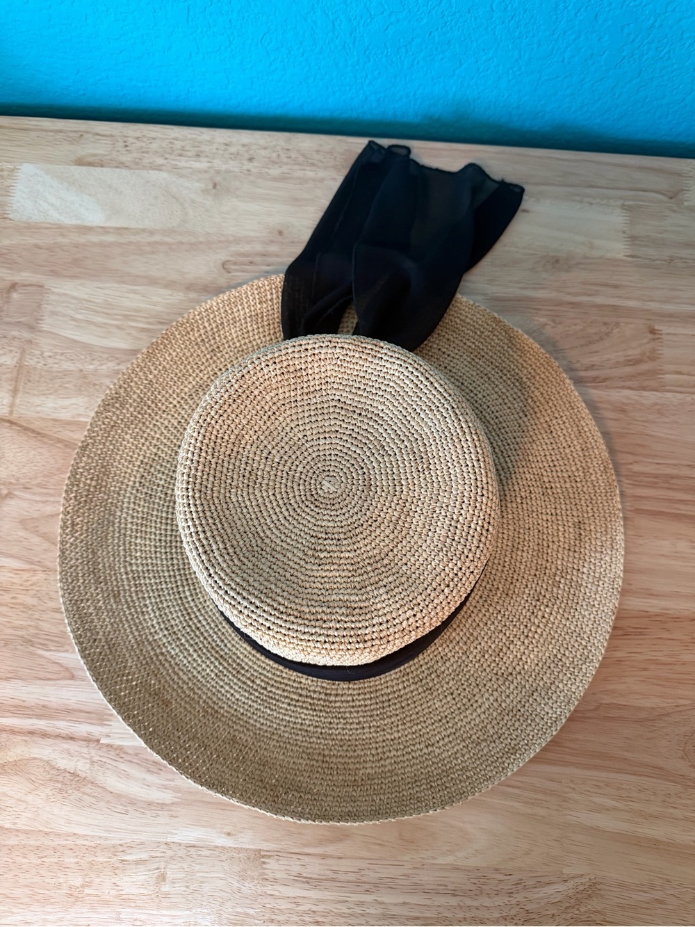 Scala Wide-Brim Straw Sun Hat with Black Scarf Accent - Picture 6 of 11